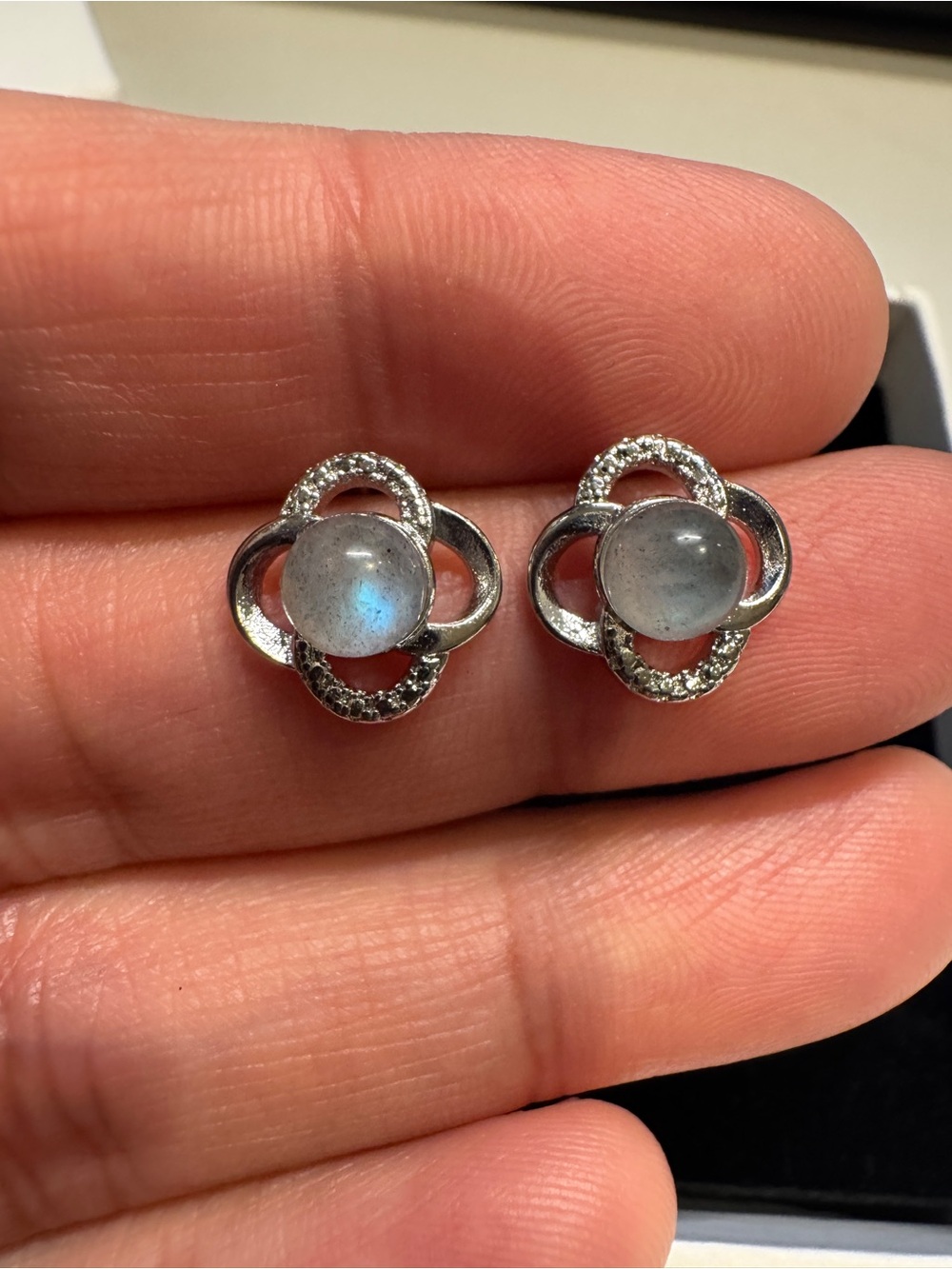 LABRADORITE 925 Sterling Silver Floral Stud Earrings with Labradorite Cabochons